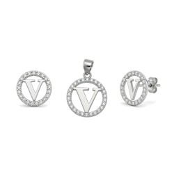 925 Sterling Silver CZ Letter V Pendant Set