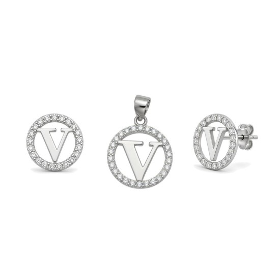 925 Sterling Silver CZ Letter V Pendant Set