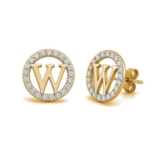 925 Sterling Silver 14k Gold Plated CZ Letter W Pendant Set