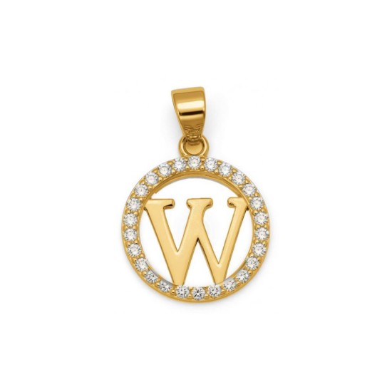 925 Sterling Silver 14k Gold Plated CZ Letter W Pendant Set