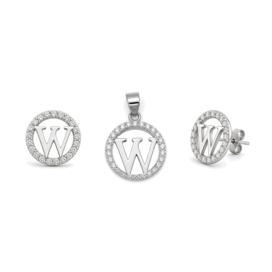 925 Sterling Silver CZ Letter W Pendant Set