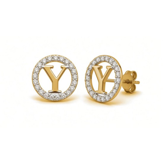 925 Sterling Silver 14k Gold Plated CZ Letter Y Pendant Set