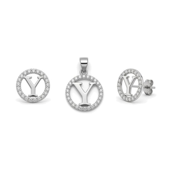 925 Sterling Silver CZ Letter Y Pendant Set