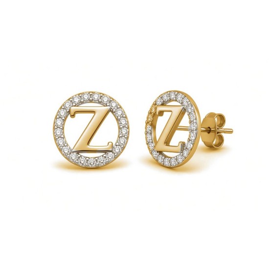 925 Sterling Silver 14k Gold Plated CZ Letter Z Pendant Set