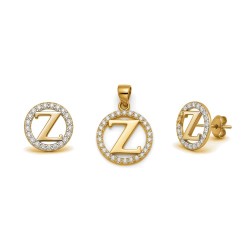 925 Sterling Silver 14k Gold Plated CZ Letter Z Pendant Set