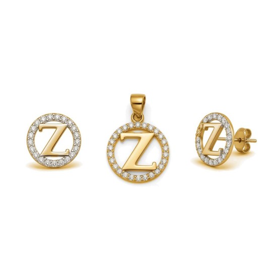 925 Sterling Silver 14k Gold Plated CZ Letter Z Pendant Set