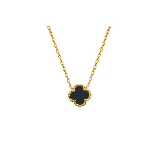 ANC071-GP | 925 Silver 14ct Gold Plated Onyx Clover Necklace