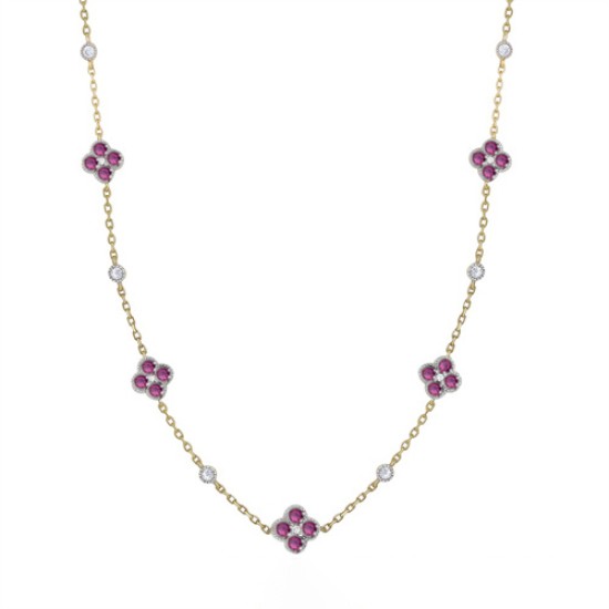 ANC073R | 925 Silver 14ct Gold Plated CZ Set Clover Necklace Red