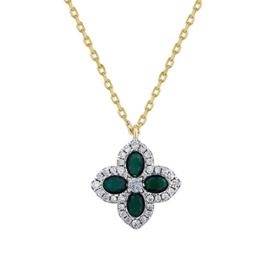 ANC074G | 925 Silver 14ct Gold Plated CZ Set Clover Necklace Green