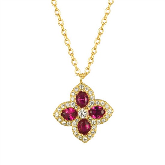 ANC074R | 925 Silver 14ct Gold Plated CZ Set Clover Necklace Red