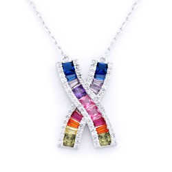 ANC091 | 925 Silver Rhodium Plated Multi Col CZ Set Kisses Necklace