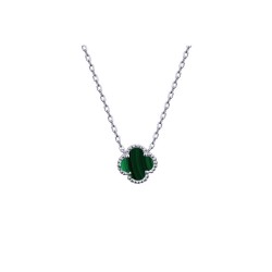 ANC095 | 925 Silver Rhodium Plated Green Malachite Clover Necklace