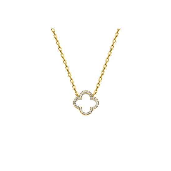 ANC097-GP | 925 Silver 14ct Gold Plated CZ Set Clover Necklace