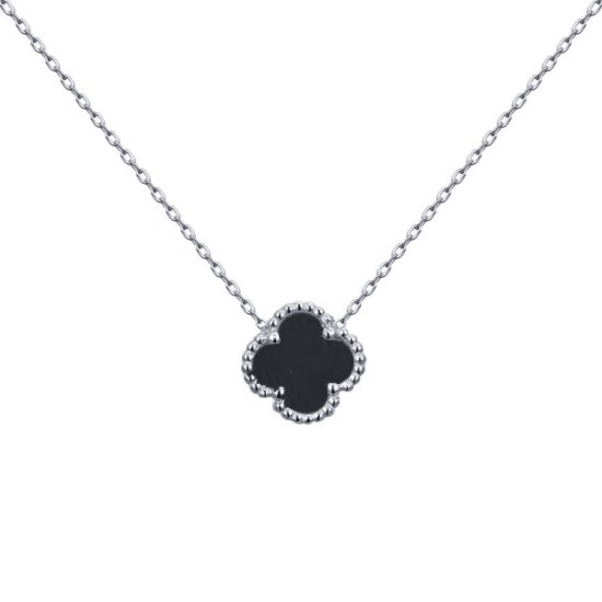 ANC098 | 925 Silver Rhodium 12mm Single Clover Necklace Black Onyx Colour