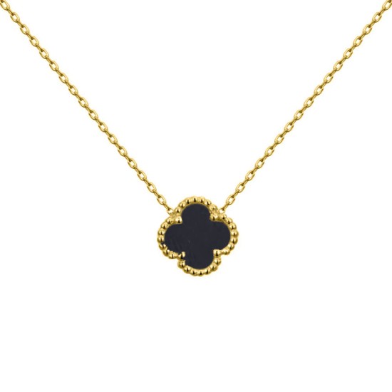 ANC098-GP | 925 Silver 14ct gold Plated 12mm Single Clover Necklace Black Onyx Colour