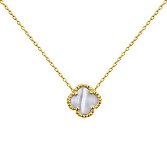 ANC099-GP | 925 Silver 14ct gold Plated 12mm Single Clover Necklace MOP  White Colour