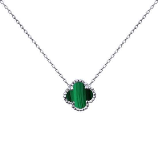 ANC101 | 925 Silver Rhodium Single Clover Necklace Malachite Green Colour