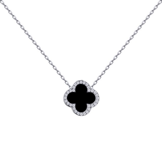 ANC102 | 925 Silver Rhodium CZ Set Single Clover Necklace Black Onyx Colour