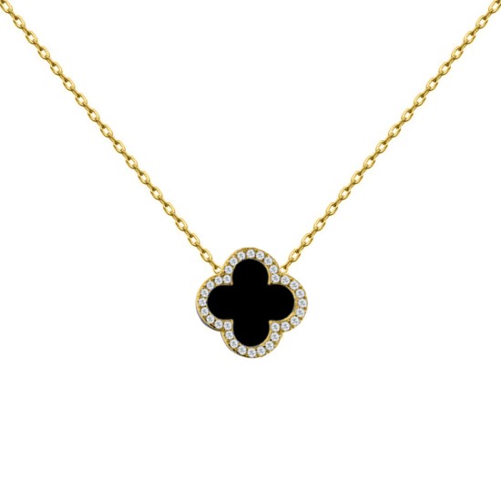 ANC102-GP | 925 Silver 14ct gold Plated CZ Set Single Clover Necklace Black Onyx Colour