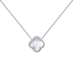 ANC103 | 925 Silver Rhodium 12mm CZ Set Single Clover Necklace MOP White Colour