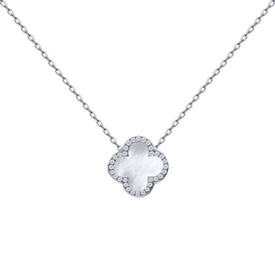 ANC103 | 925 Silver Rhodium CZ Set Single Clover Necklace MOP White Colour