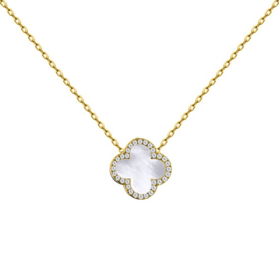 ANC103-GP | 925 Silver 14ct gold Plated 12mm CZ Set Single Clover Necklace MOP  White Colour