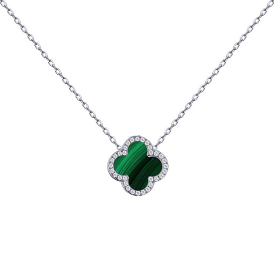 ANC105 | 925 Silver Rhodium 12mm CZ Set Single Clover Necklace Malachite Green Colour