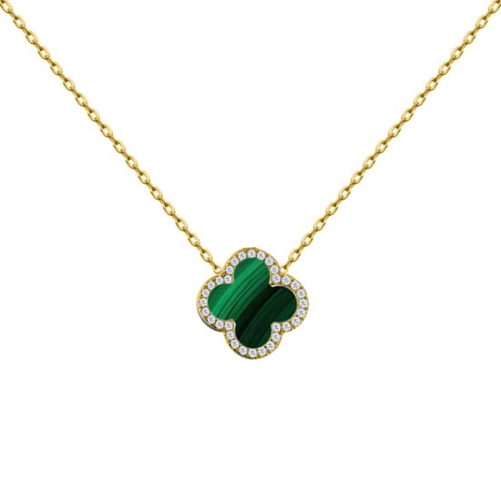 ANC105-GP | 925 Silver 14ct gold Plated 12mm CZ Set Single Clover Necklace Malachite Green