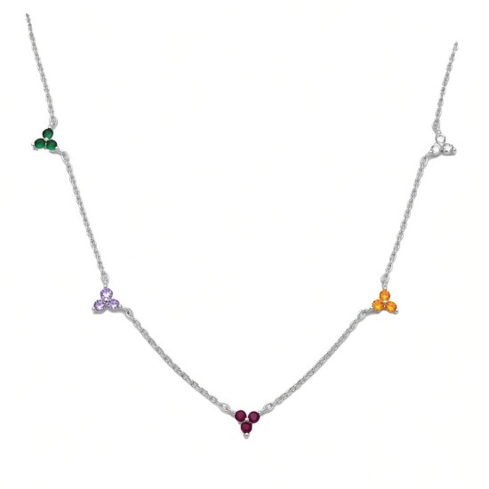925 Sterling Silver Multi Color Clover Station Necklace