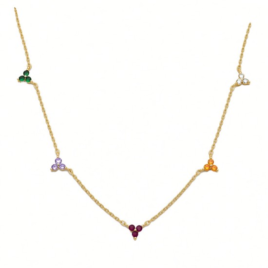 925 Sterling Silver 14K Gold Plated Multi Color Clover Station Necklace