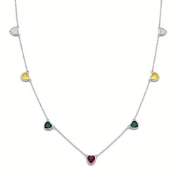 925 Sterling Silver Multi Color Heart Station Necklace