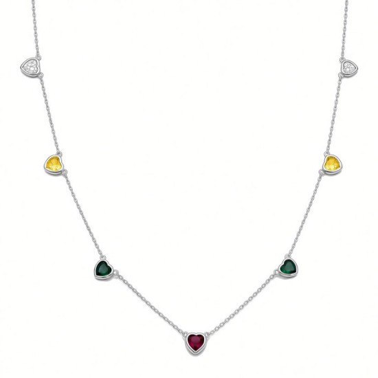 925 Sterling Silver Multi Color Heart Station Necklace