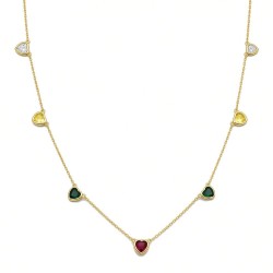 925 Sterling Silver 14K Gold Plated Multi Color Heart Station Necklace