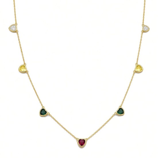 925 Sterling Silver 14K Gold Plated Multi Color Heart Station Necklace