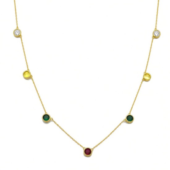 925 Sterling Silver 14K Gold Plated Multi Color CZ Station Necklace