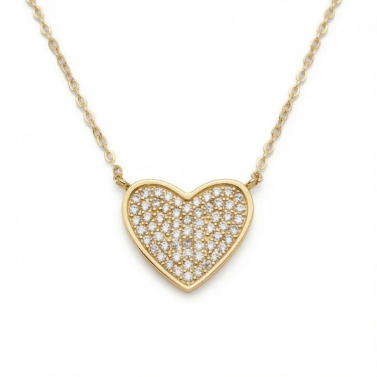 925 Sterling Silver 14K Gold Plated CZ Pave Heart Necklace