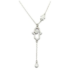 925 Sterling Silver CZ Hamsa Lariat Necklace