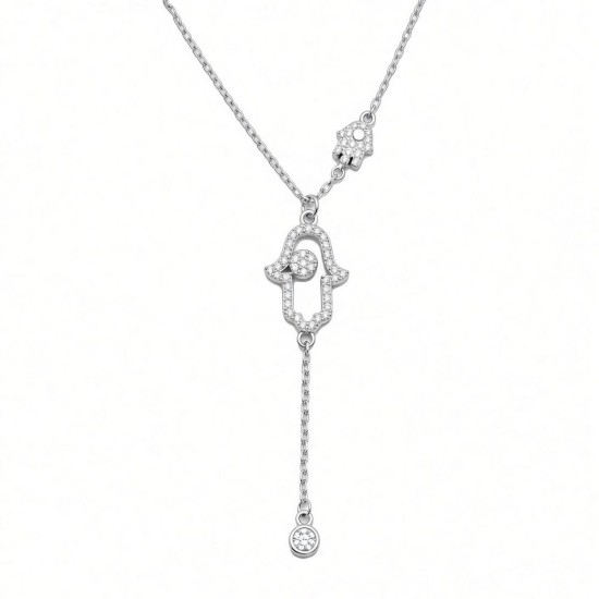 925 Sterling Silver CZ Hamsa Lariat Necklace