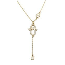 925 Sterling Silver 14K Gold Plated CZ Hamsa Lariat Necklace