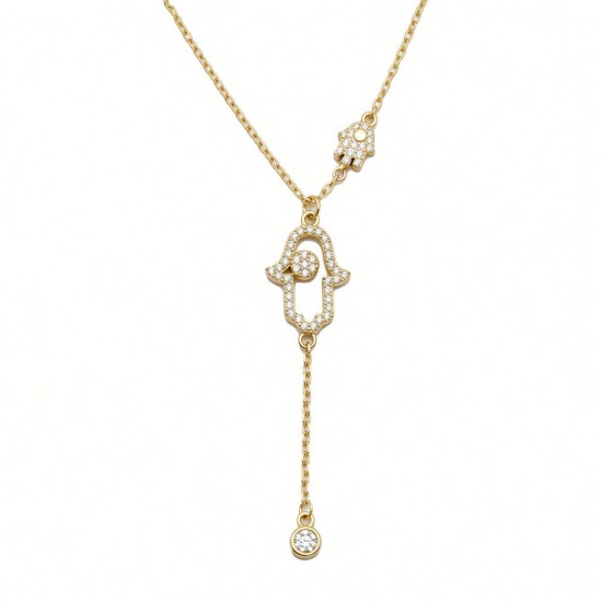 925 Sterling Silver 14K Gold Plated CZ Hamsa Lariat Necklace