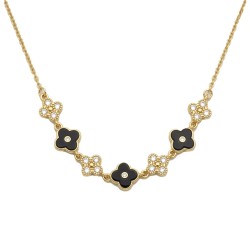 925 Sterling Silver 14K Gold Plated CZ Black Enamel Flower Necklace