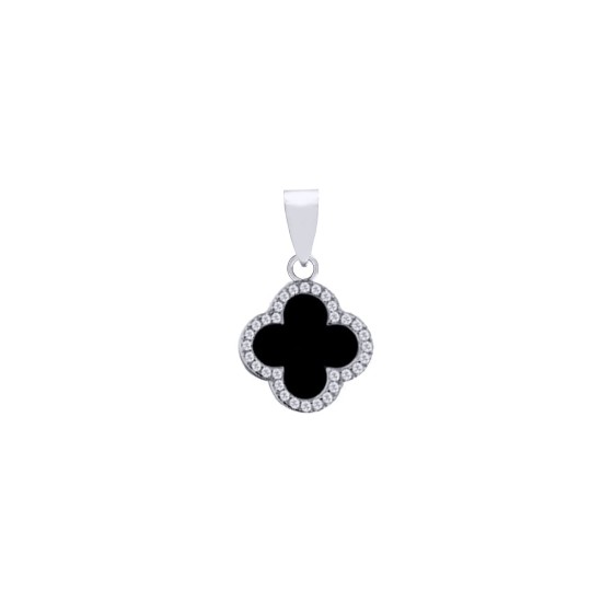 APD233 | 925 Silver Rhodium 12mm CZ Set Single Clover Pendant Black Onyx Colour