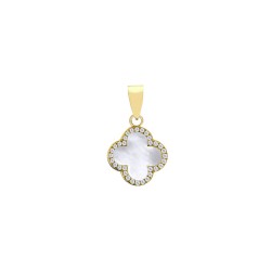 APD234-GP | 925 Silver 14ct gold Plated 12mm CZ Set Single Clover Pendant   MOP  White Colour