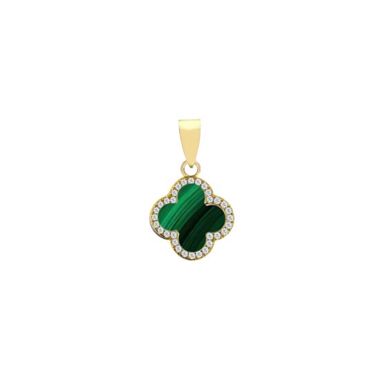 APD236-GP | 925 Silver 14ct gold Plated 12mm CZ Set Single Clover Pendant   Malachite Green