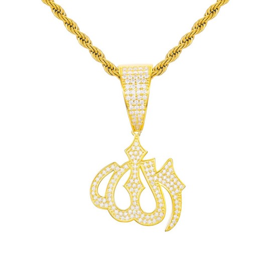 APD239-GP | 925 Silver 14ct Gold Plated CZ Set Allah Pendant
