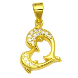 925 Sterling Silver 14K Gold Plated CZ Dolphin Heart Pendant
