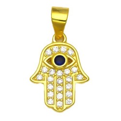925 Sterling Silver 14K Gold Plated CZ Hamsa Evil Eye Pendant