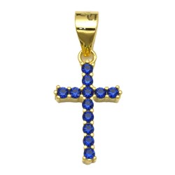 925 Sterling Silver 14K Gold Plated Blue CZ Cross Pendant
