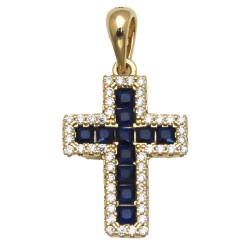 925 Sterling Silver 14K Gold Plated Blue CZ Cross Pendant