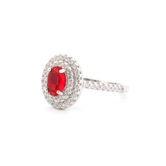 ARN187R | 925 Silver Rhodium CZ Set Oval Cluster Ruby Red Centre